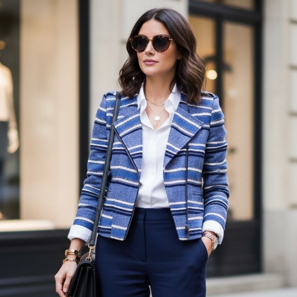 BCBGMaxAzria Blue Striped Moto Jacket Size XS Great Condition